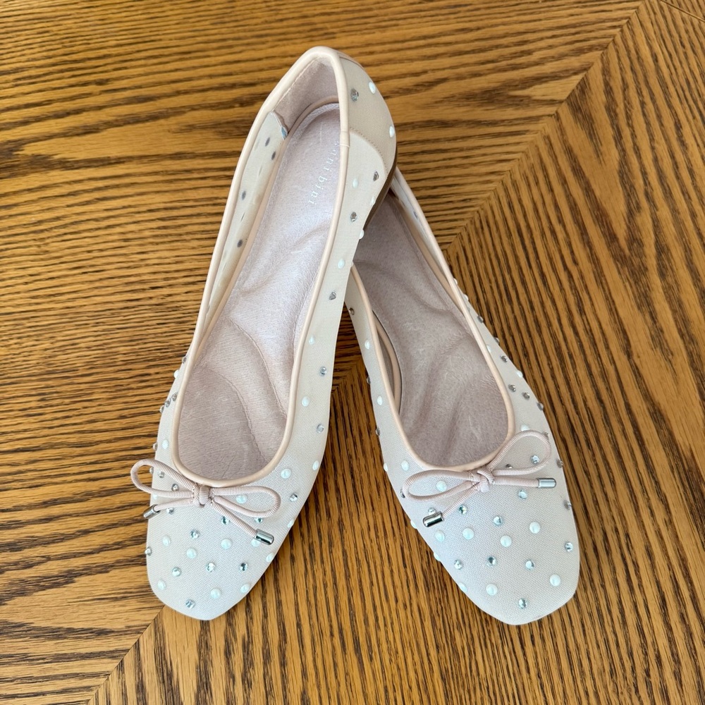 GIANNI BINI Scarlett Pearl Rhinestone Mesh Ballet Bow Flats - Cafe Cream